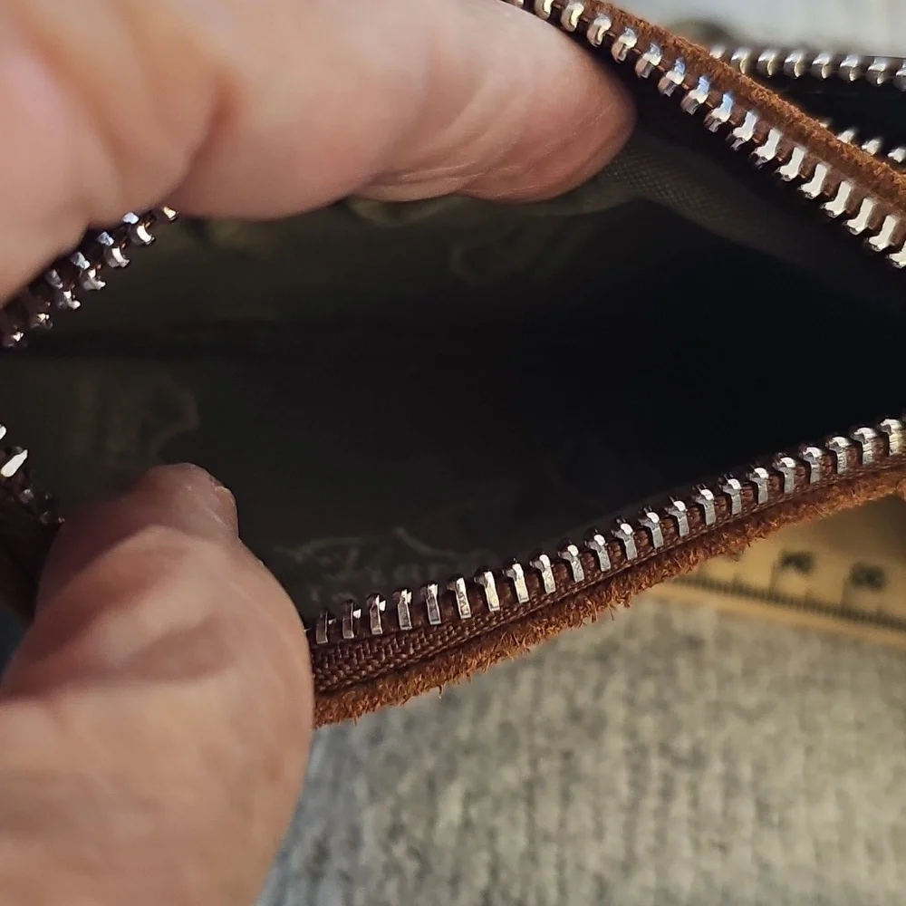 Brown Leather and‎ Suede Zippered Pouchees. Conected With Key Ring.
